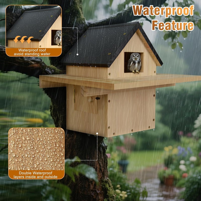 HAFTKD Owl House, Screech Wooden Owl Nesting Box, Weatherproof Design with Bird Stand, Large Opening, Mounted Birdhouse for Garden & Outdoor - Image 5